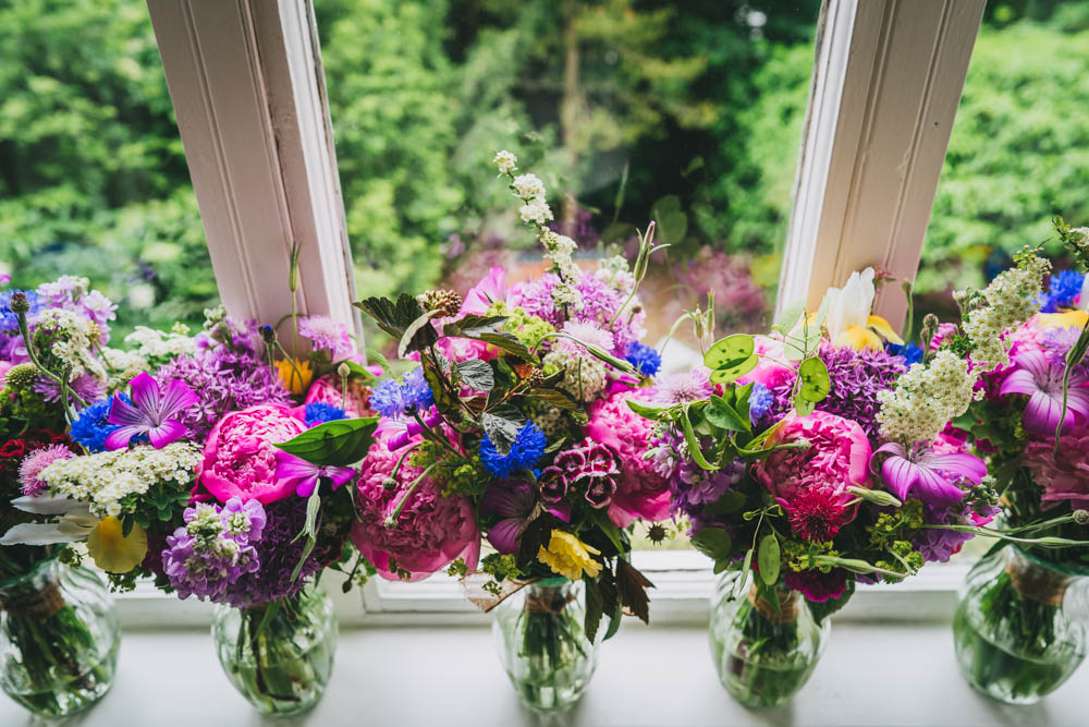 Bouquet Flowers Bride Bridal Bridesmaid Pink Peony Blue Yellow Pink Wedding Amy Jordison Photography