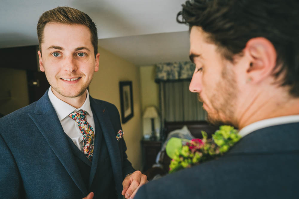 Groom Blue Suit Floral Tie Yellow Pink Wedding Amy Jordison Photography