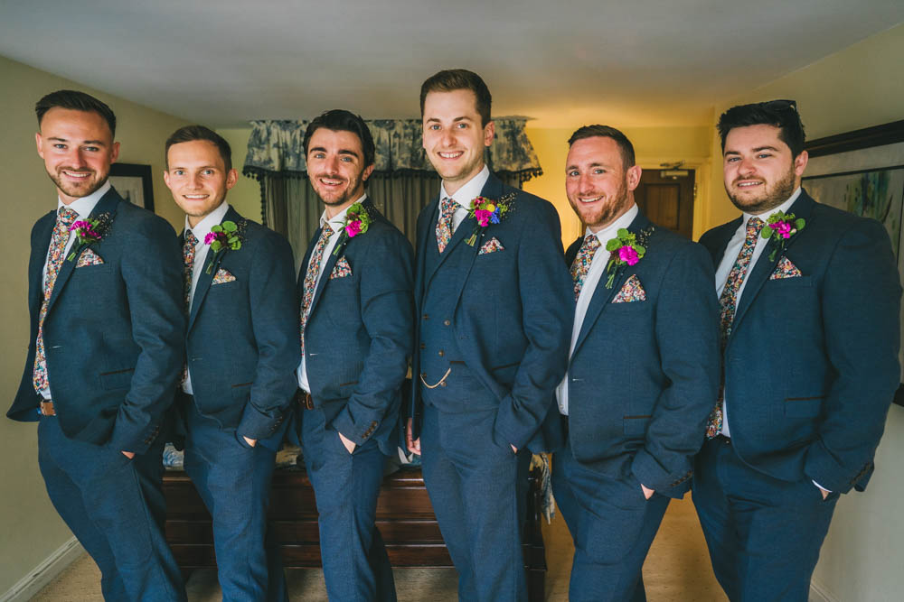 Groom Blue Suit Floral Tie Groomsmen Yellow Pink Wedding Amy Jordison Photography