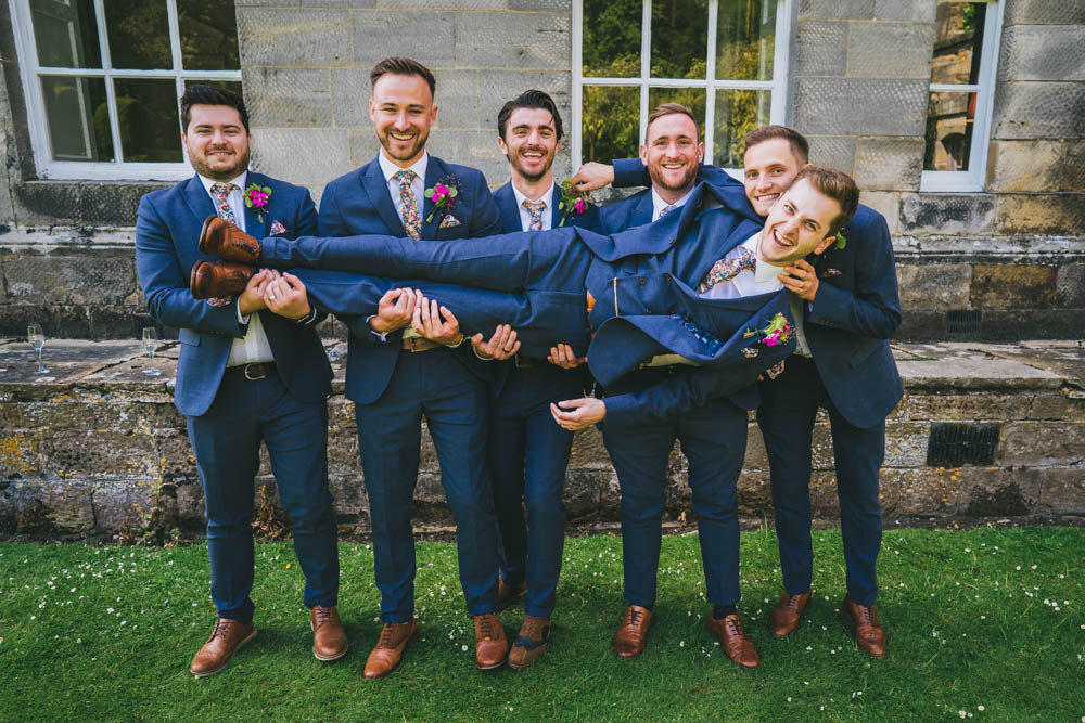 Groom Blue Suit Floral Tie Groomsmen Yellow Pink Wedding Amy Jordison Photography