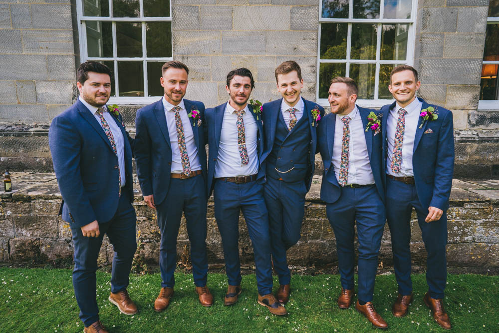 Groom Blue Suit Floral Tie Groomsmen Yellow Pink Wedding Amy Jordison Photography