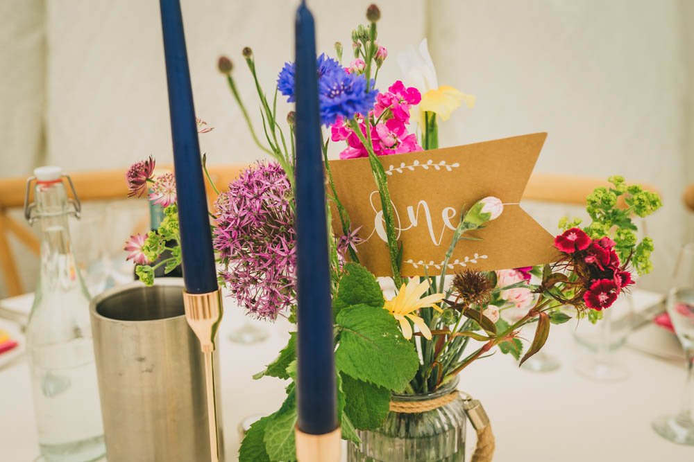 Centrepeice Flowers Blue Candle Flag Table Name Yellow Pink Wedding Amy Jordison Photography
