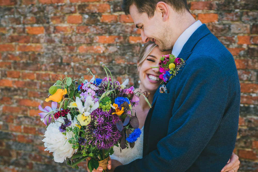 Bouquet Flowers Bride Bridal Bridesmaid Pink Peony Blue Yellow Pink Wedding Amy Jordison Photography