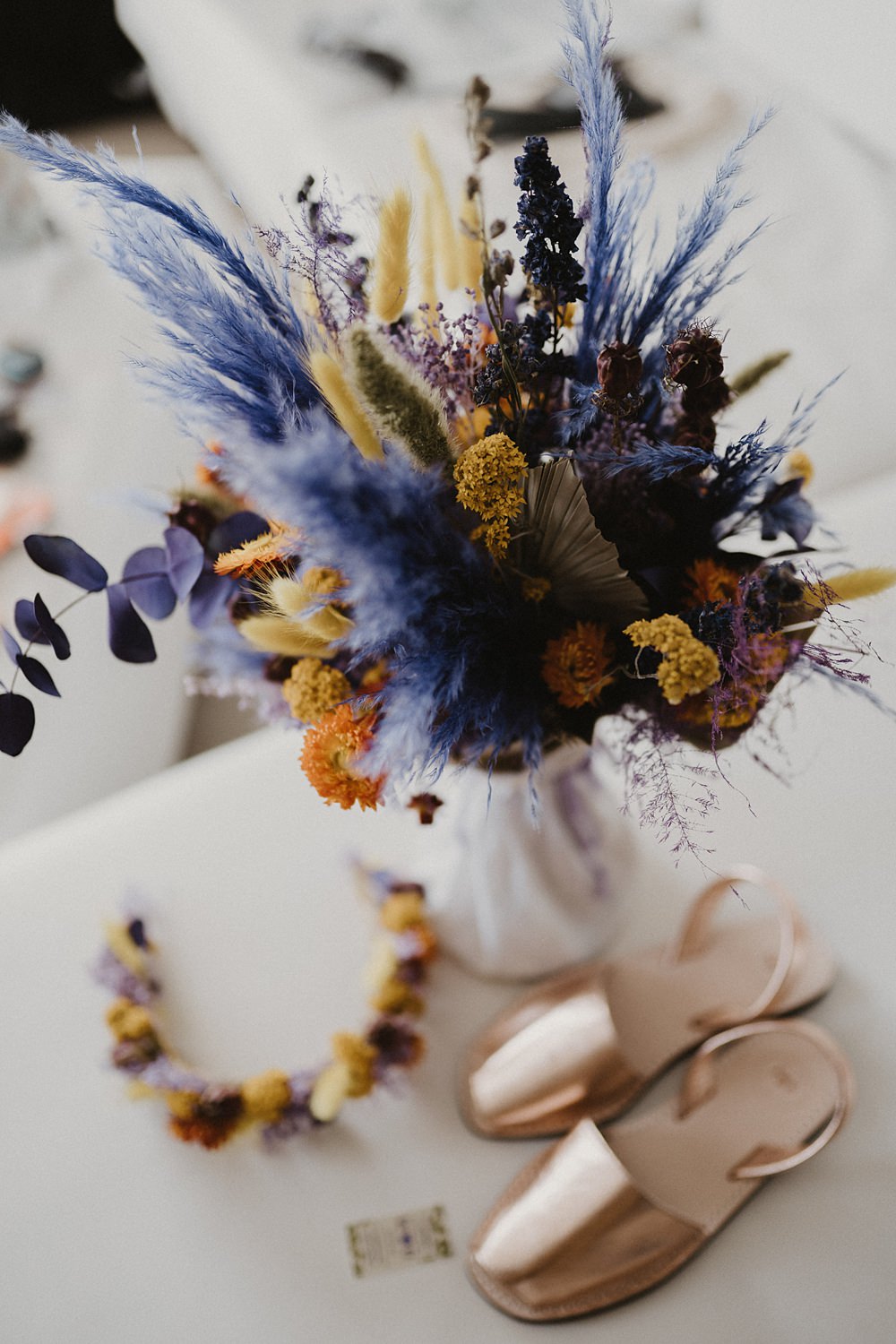 Dried Flower Bouquet Bride Bridal Purple Yellow Binifadet Wedding Laura Mazzello Photography
