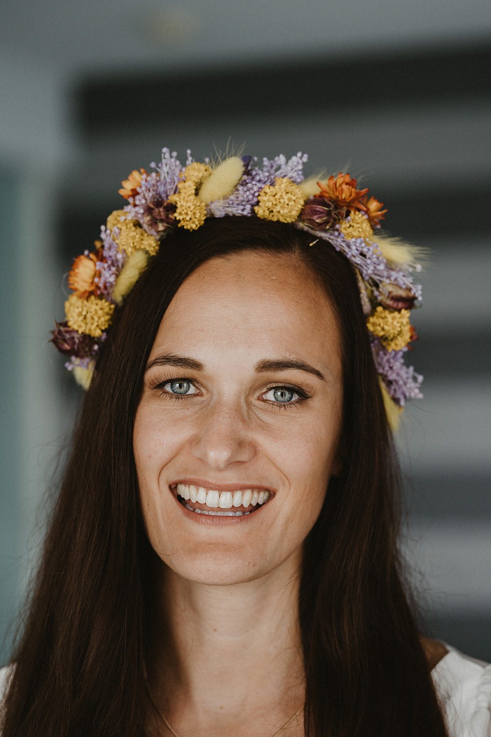 Bride Bridal Dried Flower Crown Yellow Purple Make Up Binifadet Wedding Laura Mazzello Photography