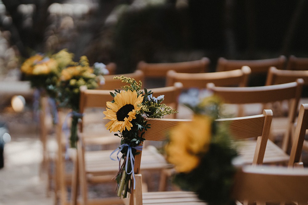 Pew End Aisle Ceremony Flowers Sunflower Binifadet Wedding Laura Mazzello Photography