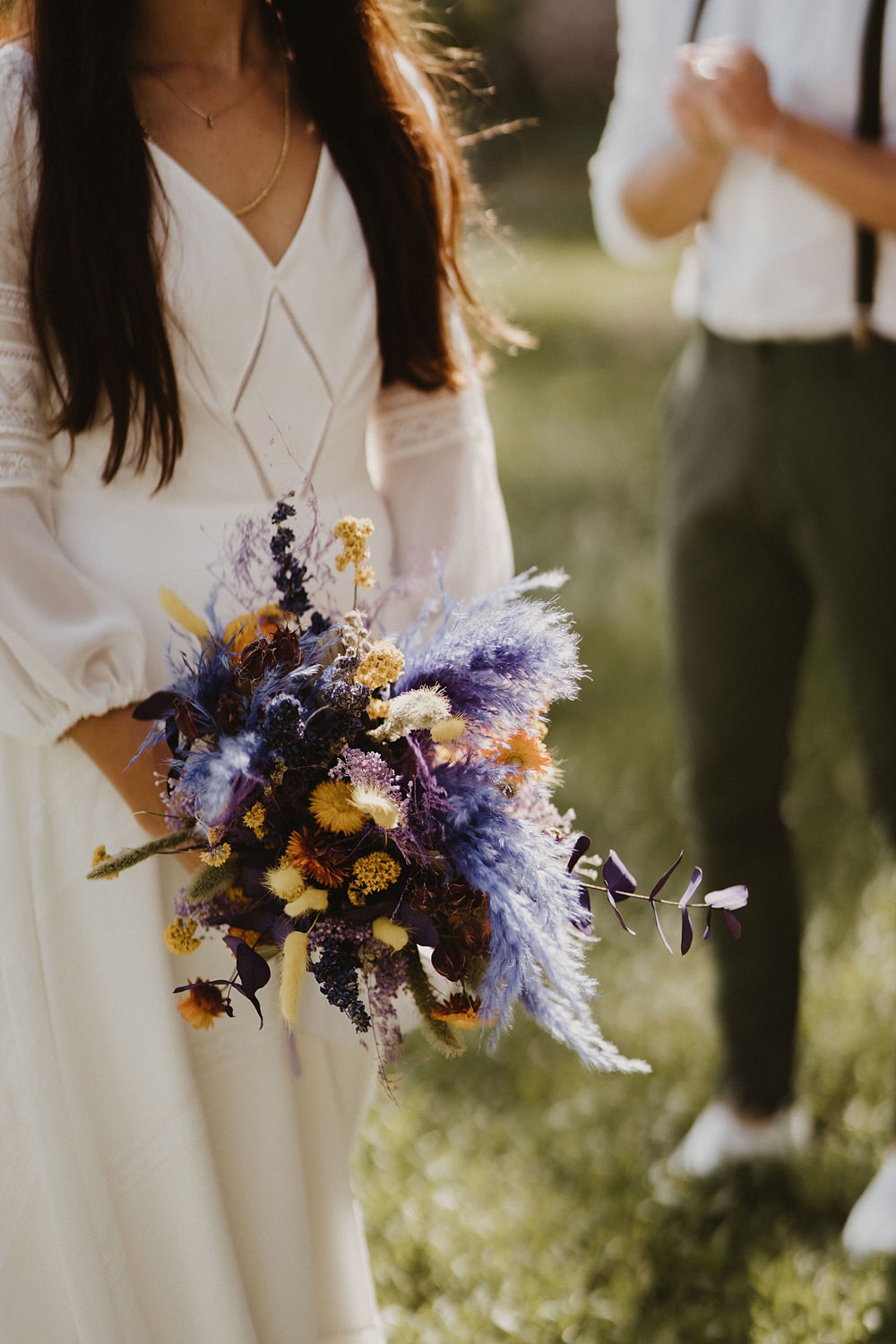 Dried Flower Bouquet Bride Bridal Purple Yellow Binifadet Wedding Laura Mazzello Photography