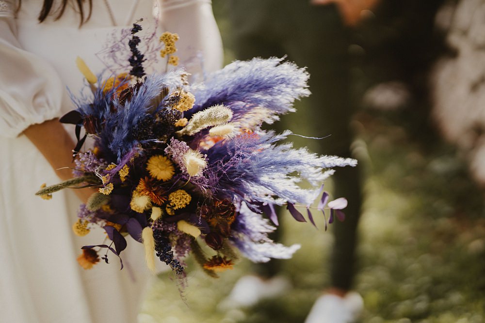 Dried Flower Bouquet Bride Bridal Purple Yellow Binifadet Wedding Laura Mazzello Photography