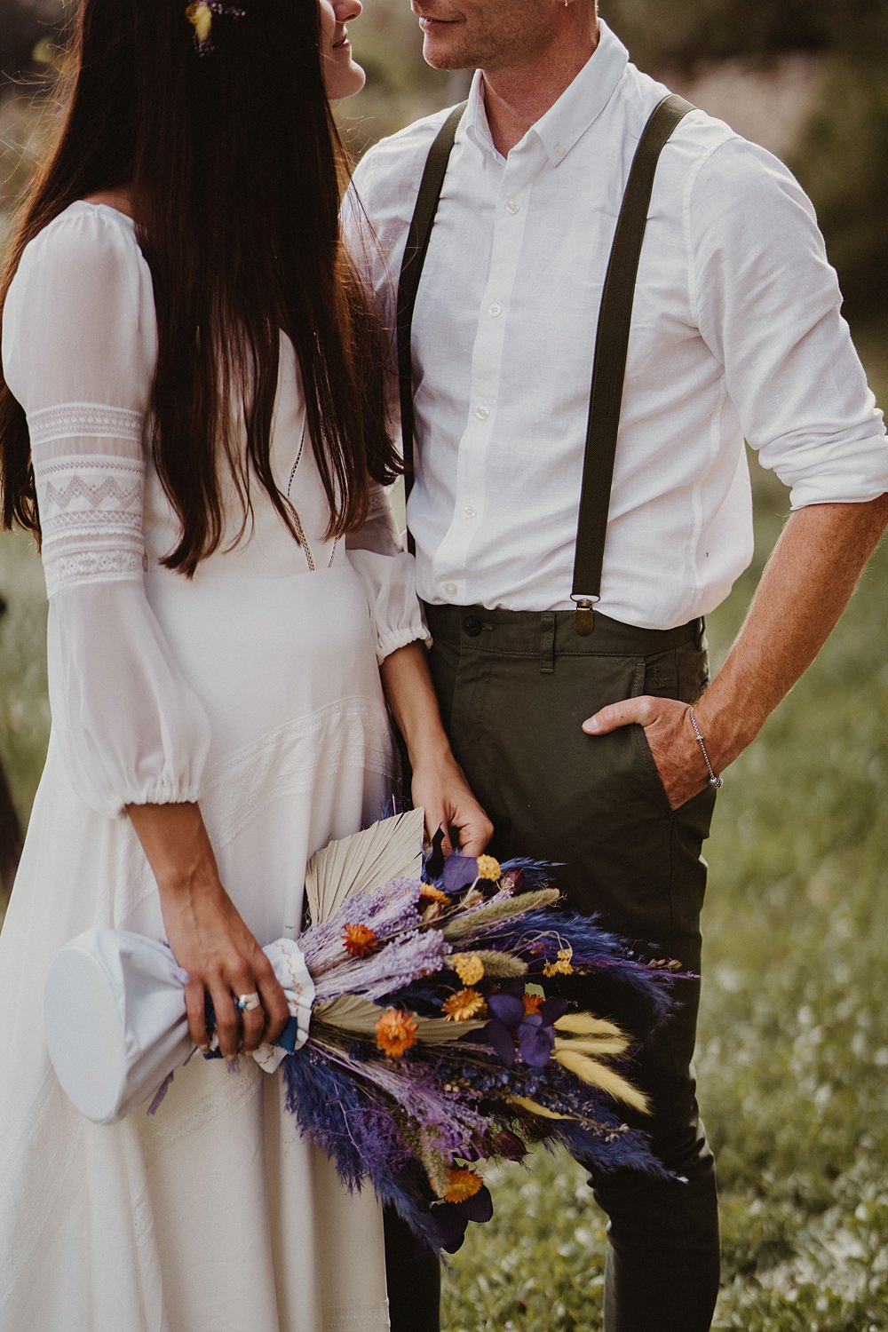 Dried Flower Bouquet Bride Bridal Purple Yellow Binifadet Wedding Laura Mazzello Photography
