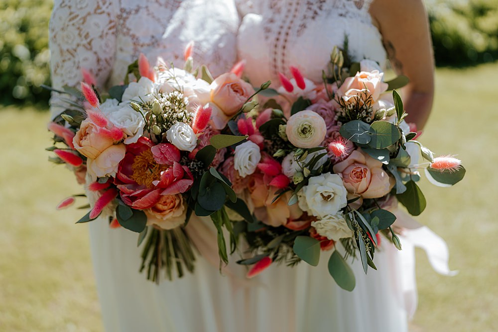 Bridal Bouquet Flowers Pink Neon Sage Rose Brighton Barn Wedding Kim Williams Weddings
