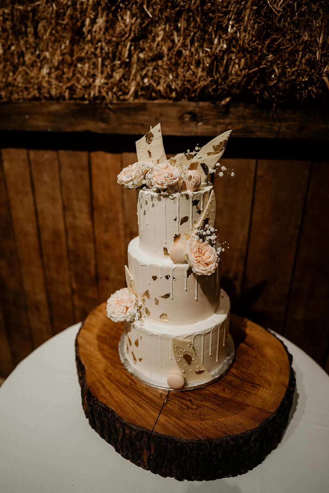 Gold Leaf White Drip Cake Flowers Log Slice Brighton Barn Wedding Kim Williams Weddings