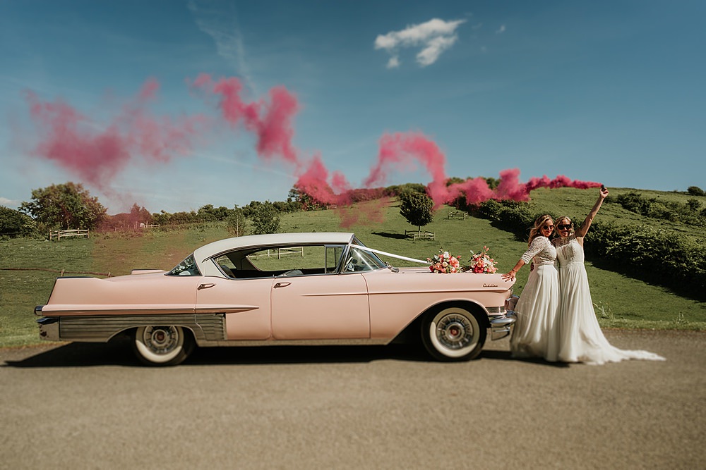 Pink Car Smoke Flare Brighton Barn Wedding Kim Williams Weddings