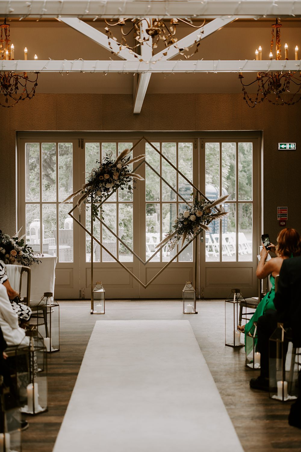 Aisle Backdrop Gold Diamond Flowers Cockliffe Country House Wedding The Light Painters