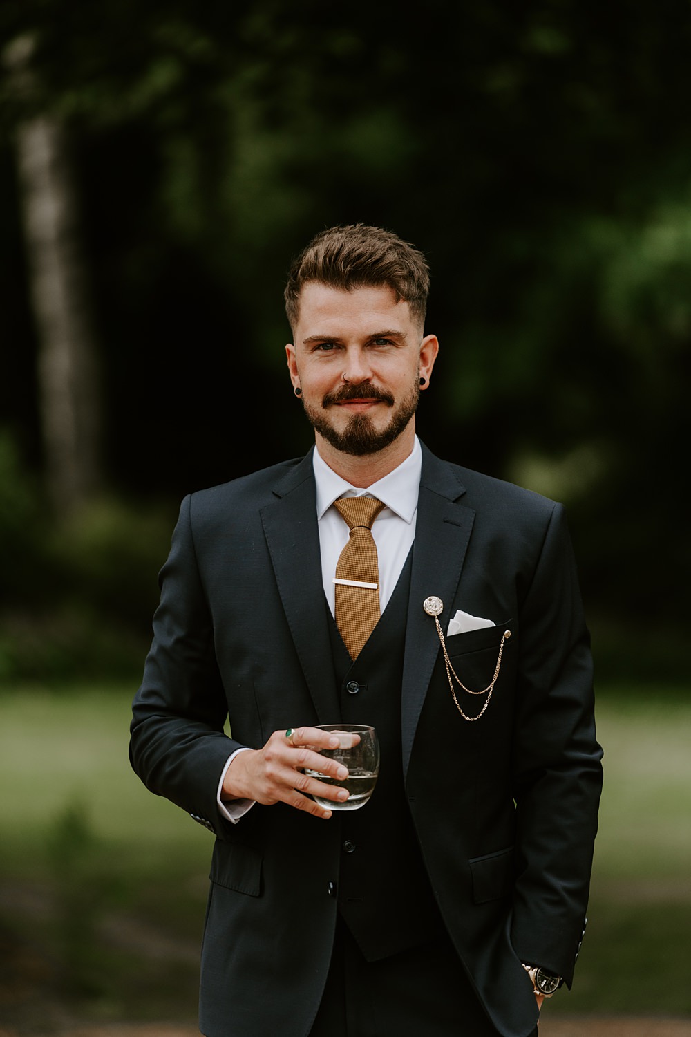 Groom Black Suit Gold Tie Cockliffe Country House Wedding The Light Painters