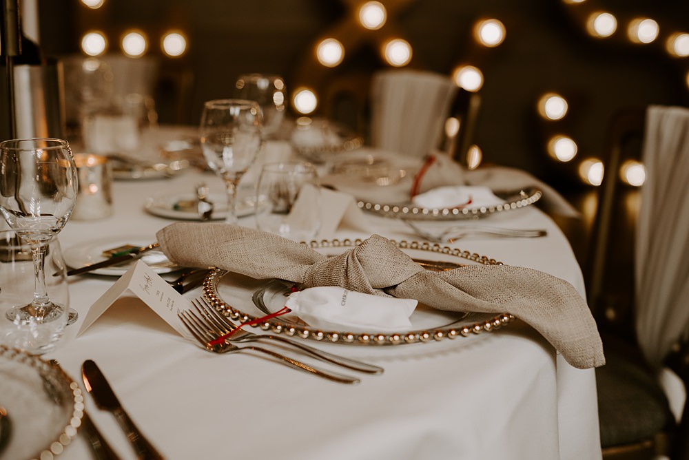 Place Setting Cream Napkin Gold Charger Plate Cockliffe Country House Wedding The Light Painters