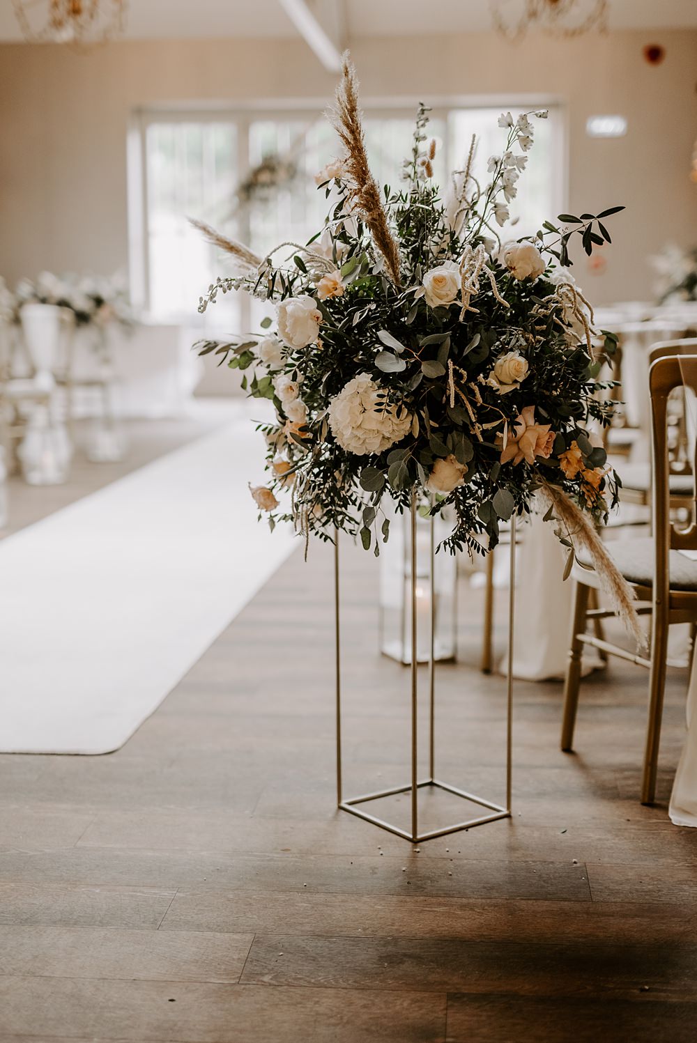 Tall Pedestal Flower Arrangement Ceremony Cockliffe Country House Wedding The Light Painters