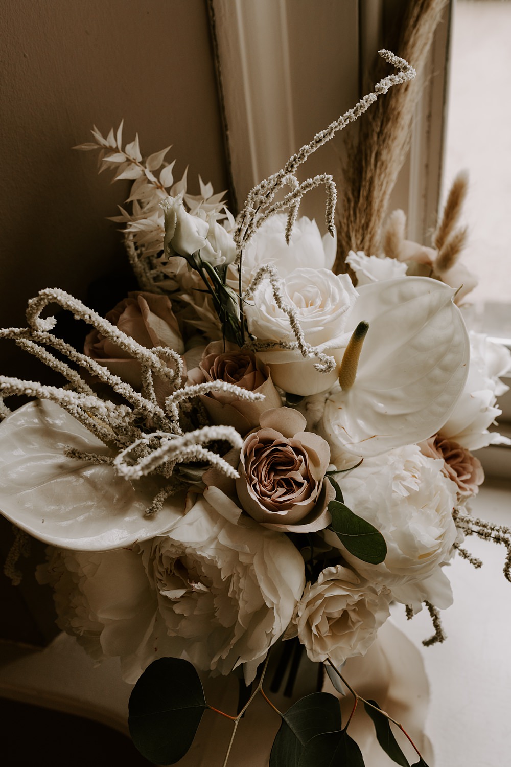 Bouquet Flowers Bride Bridal White Dried Rose Cockliffe Country House Wedding The Light Painters