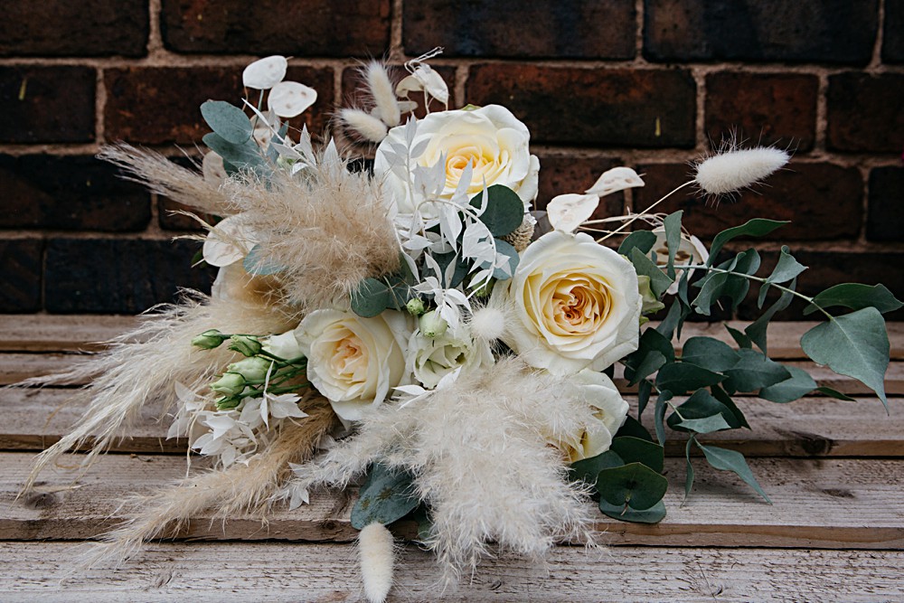 Bouquet Flowers Bride Bridal White Rose Pampas Grass Elegant Farm Wedding Jenny Rose Photography