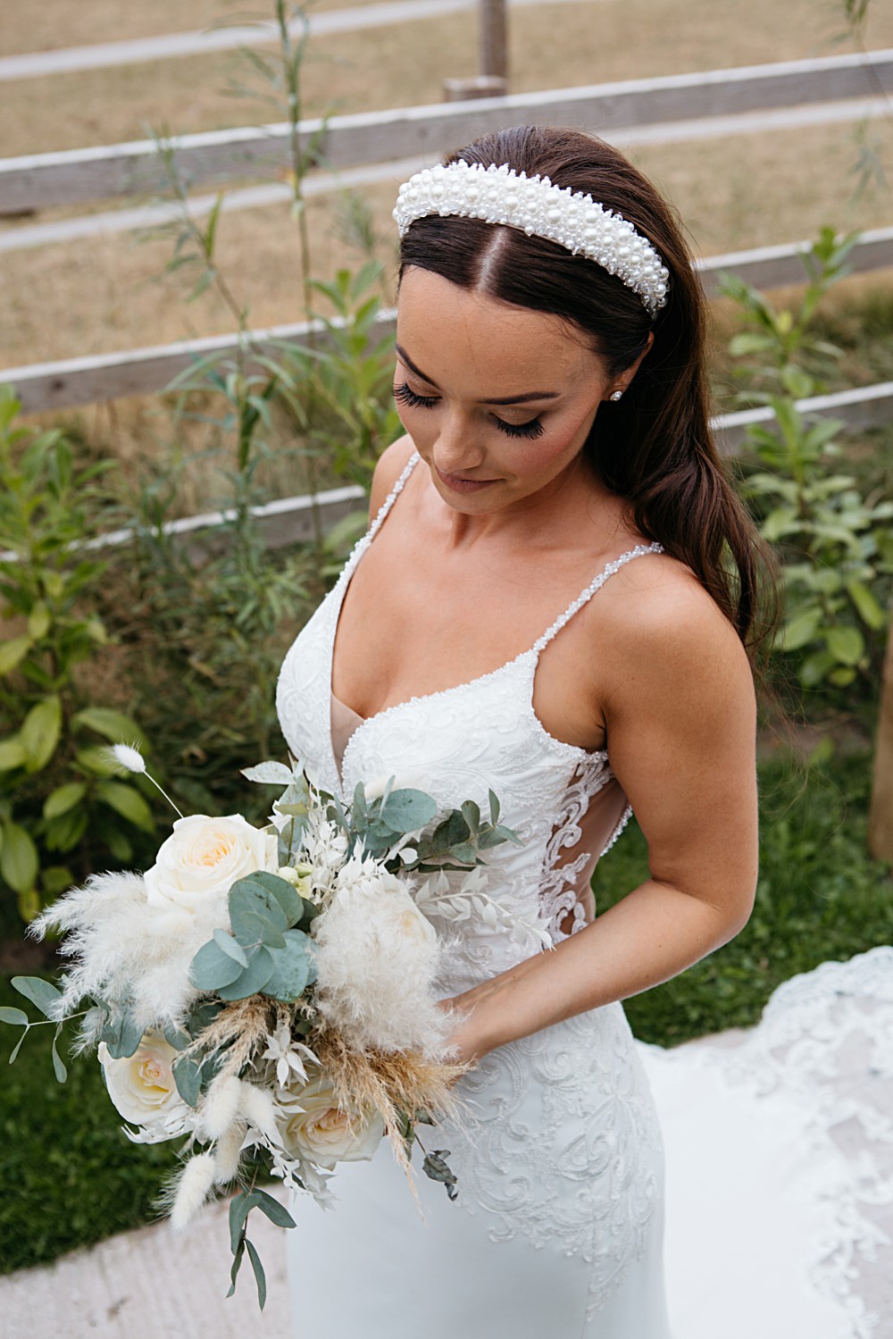 Bouquet Flowers Bride Bridal White Rose Pampas Grass Elegant Farm Wedding Jenny Rose Photography