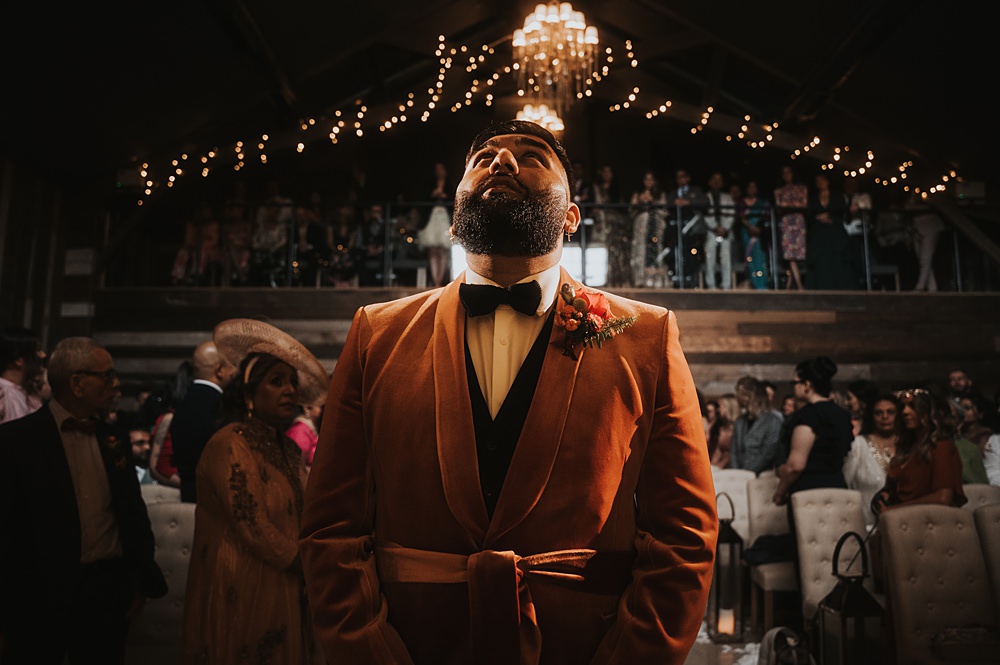 Groom Orange Velvet Jacket Bow Tie Chinos Fun Colourful Barn Wedding Firewood Film