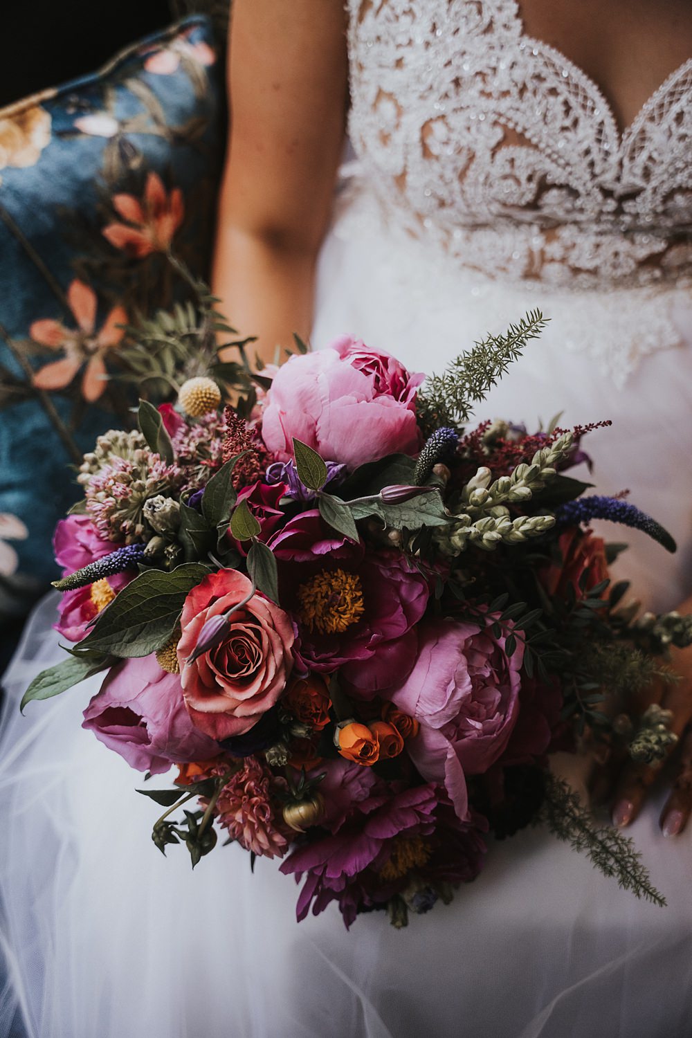 Bouquet Flowers Bride Bridal Pink Peony Rose Fun Colourful Barn Wedding Firewood Film