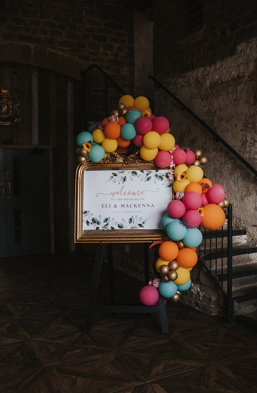 Welcome Sign Balloon Decor Fun Colourful Barn Wedding Firewood Film
