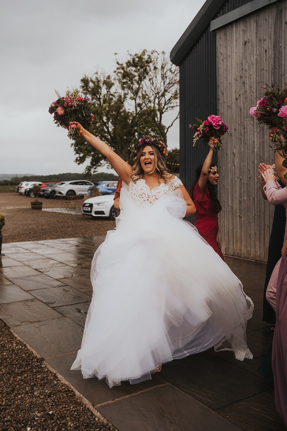Dress Gown Bride Bridal Tulle Skirt Veil Enzoani Fun Colourful Barn Wedding Firewood Film