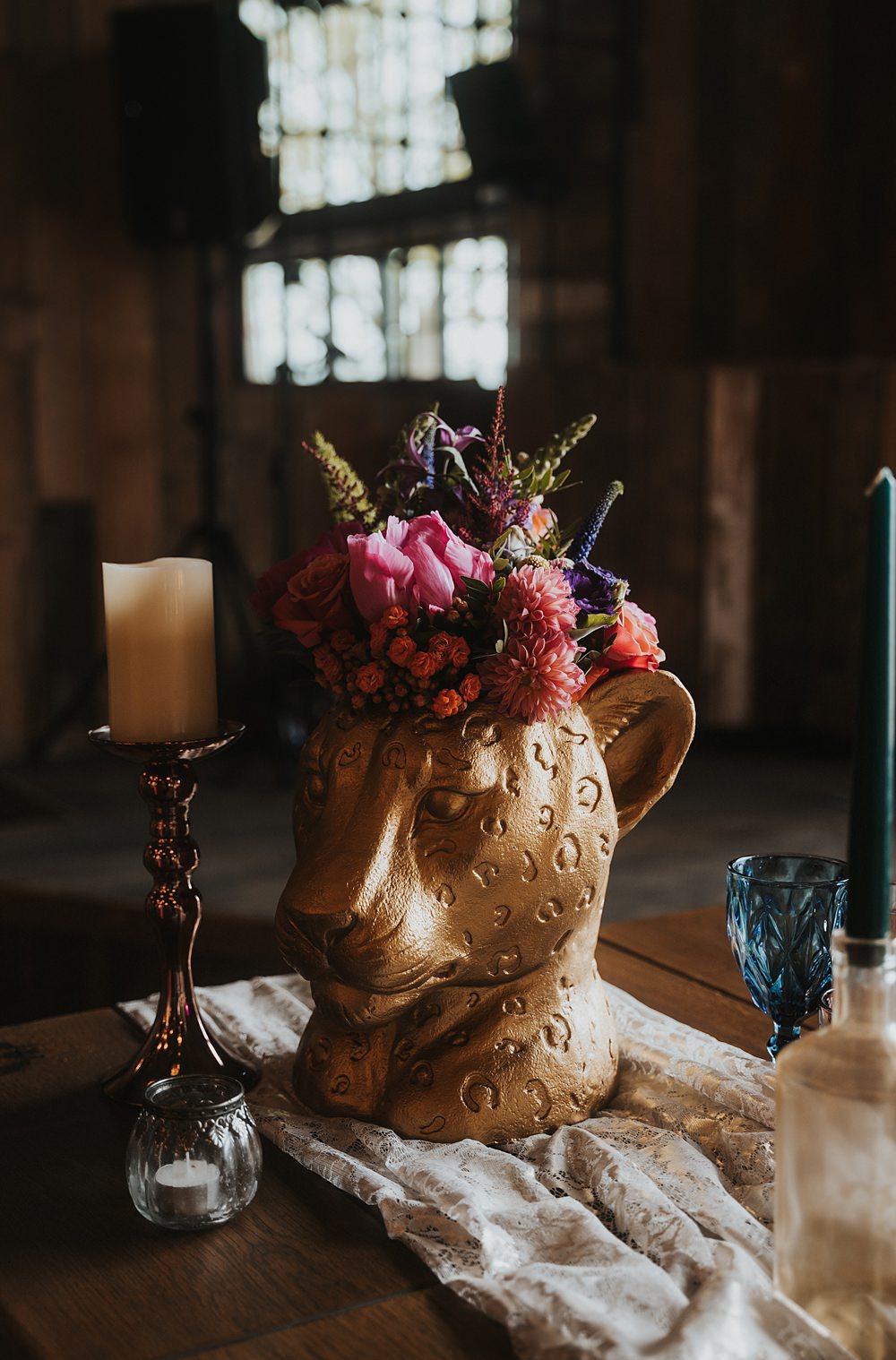 Gold Leopard Head Vase Pink Flowers Decor Table Centrepiece Fun Colourful Barn Wedding Firewood Film