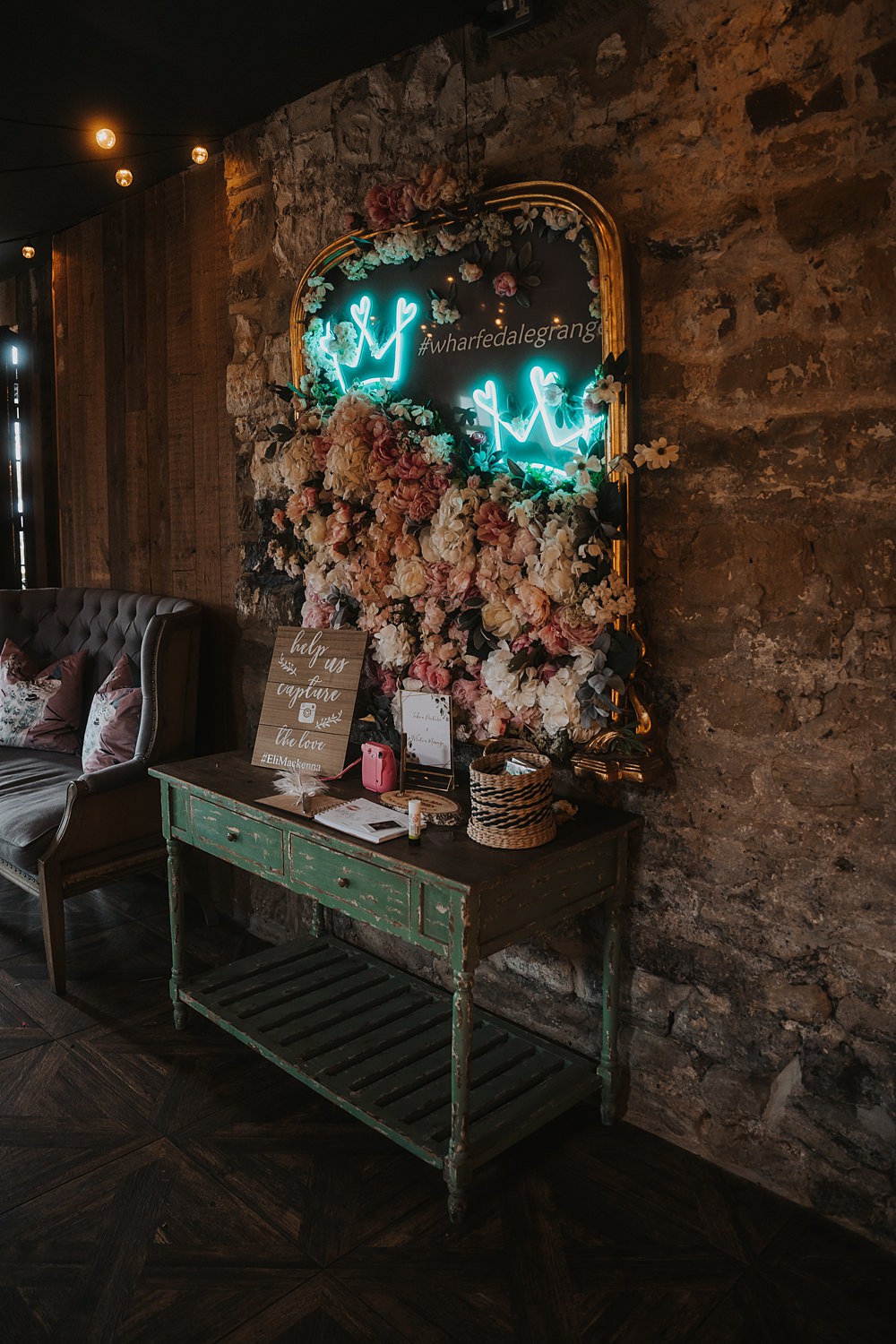 Dessert Table Flower Wall Neon Sign Fun Colourful Barn Wedding Firewood Film