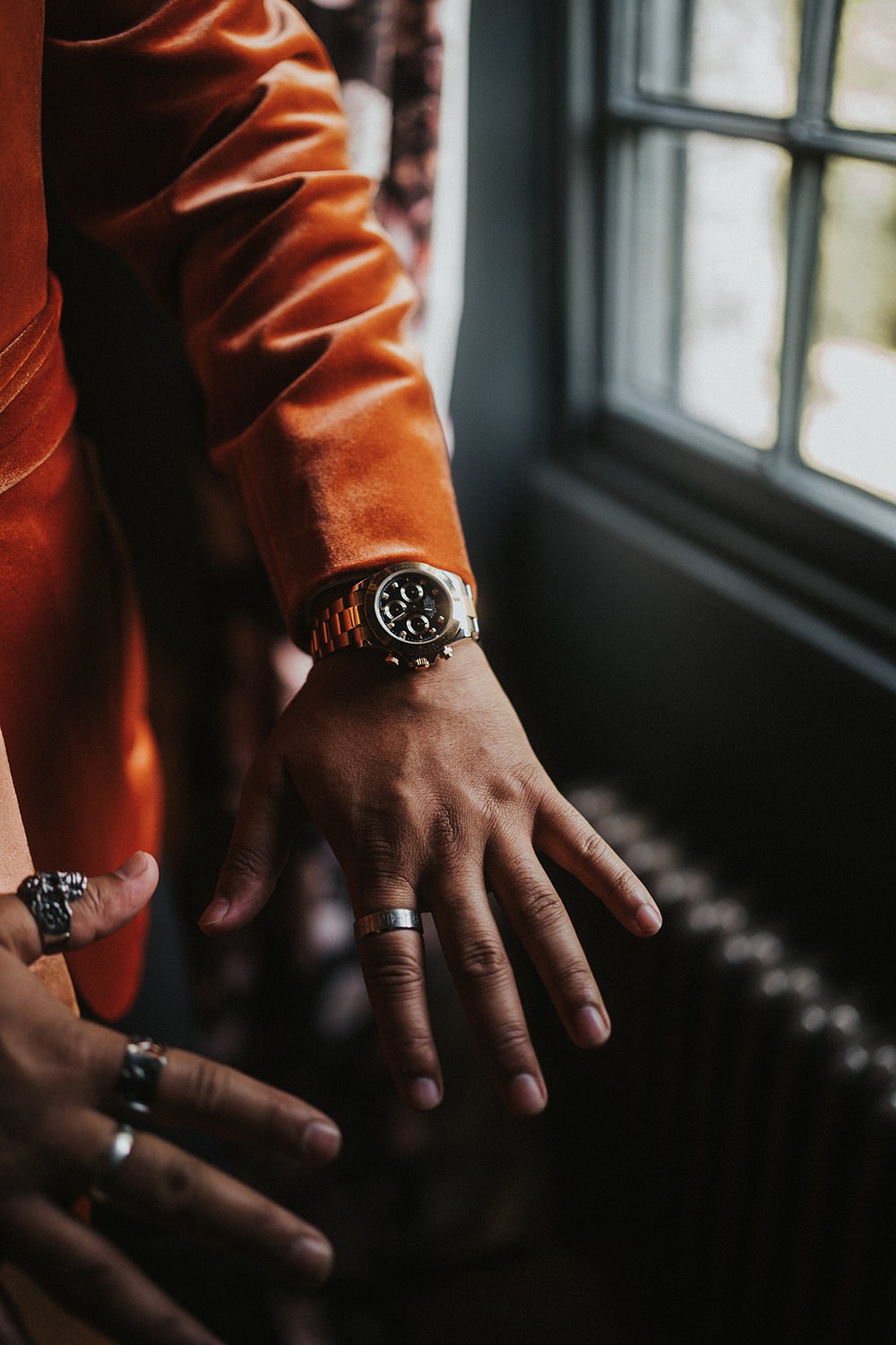 Groom Watch Rings Fun Colourful Barn Wedding Firewood Film