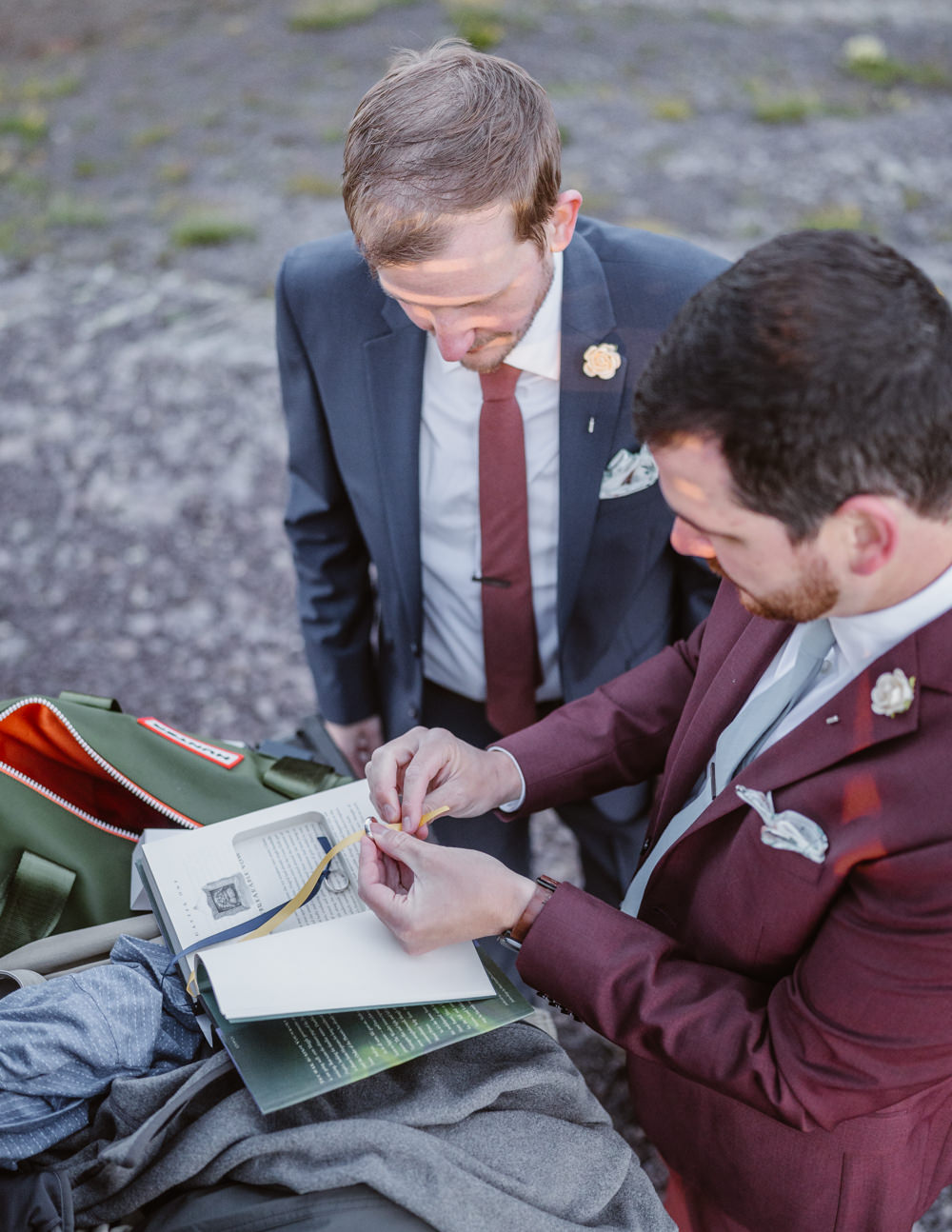 Blue Suit Red Tie Groom Hiking Elopement Vows and Peaks