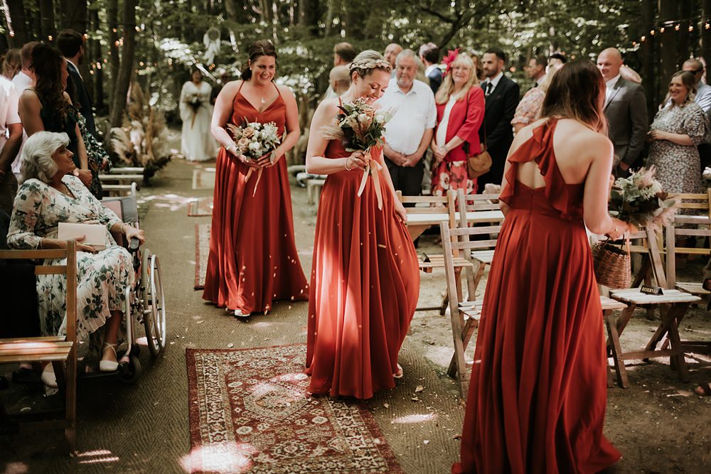 Orange Red Long Bridesmaids Dresses Kent Woodland Wedding Paul Fuller Photography