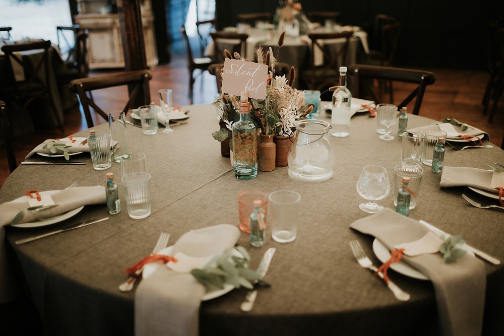 Grey Table Cloth Round Table Kent Woodland Wedding Paul Fuller Photography