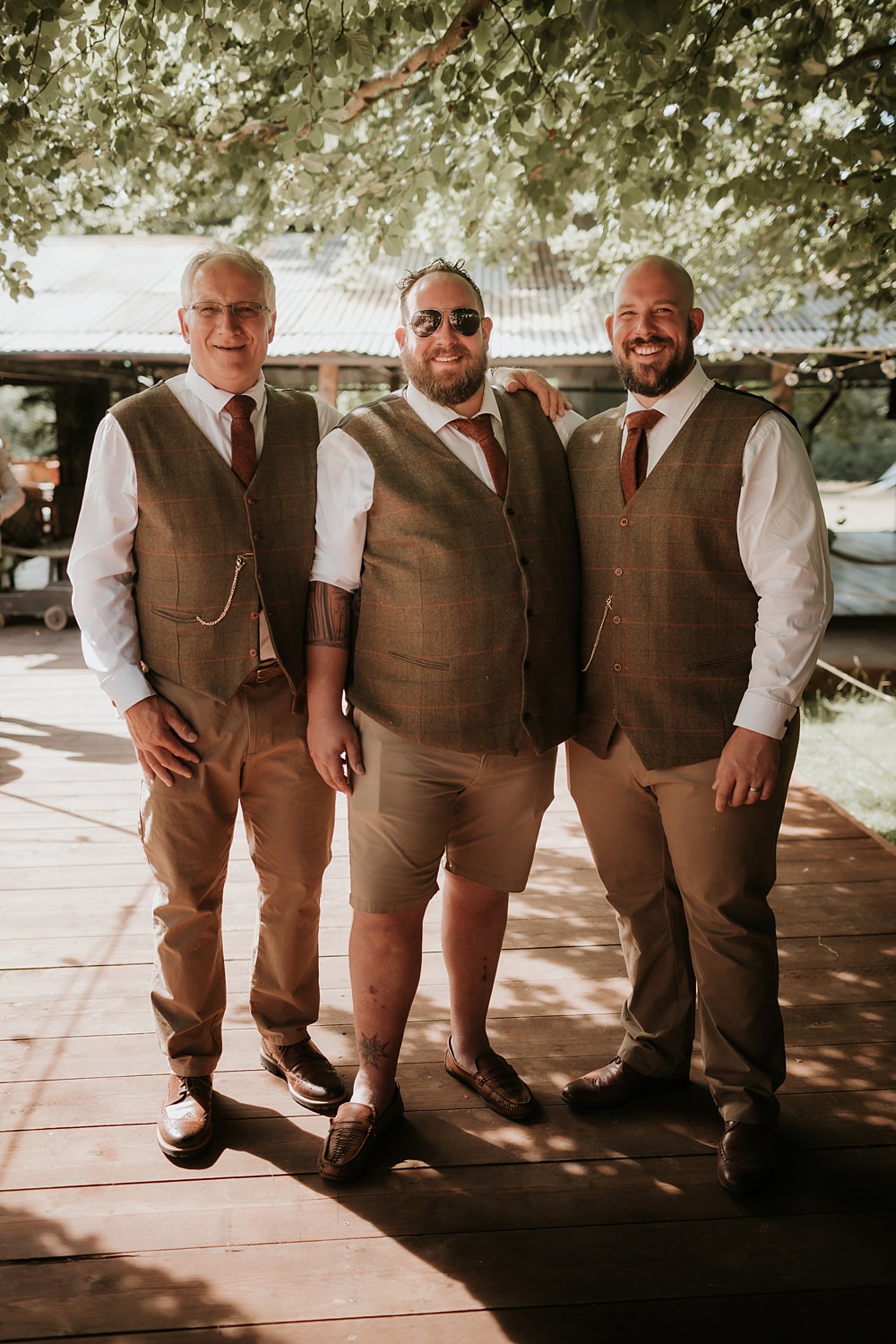 Groom Tweed Suit Shorts Brown Red Tie Groomsmen Kent Woodland Wedding Paul Fuller Photography