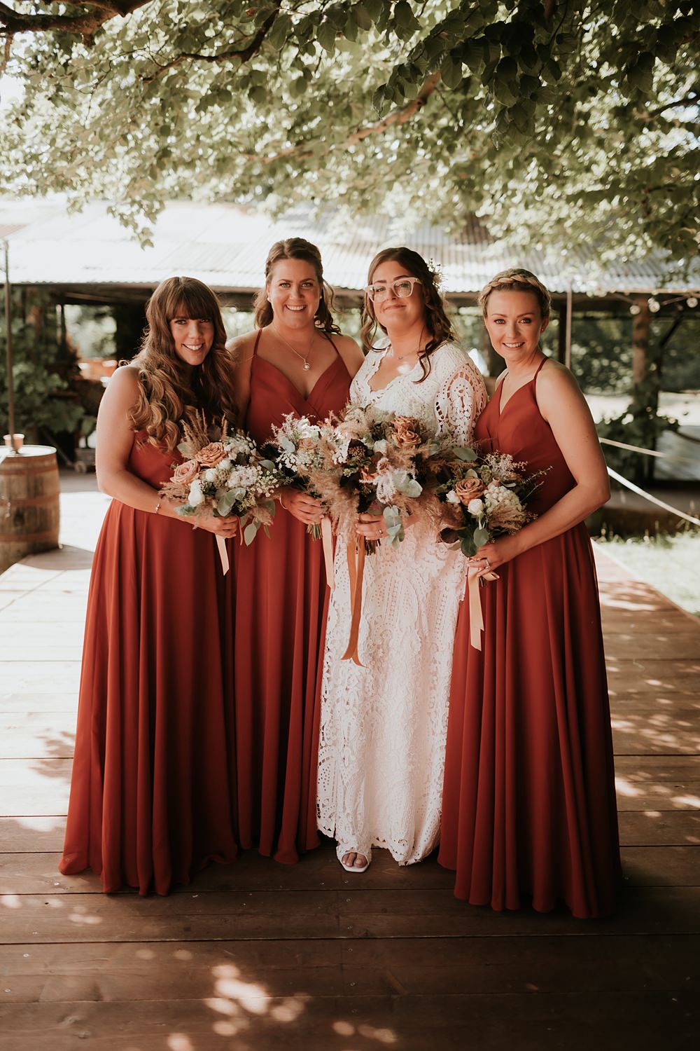 Orange Red Long Bridesmaids Dresses Kent Woodland Wedding Paul Fuller Photography