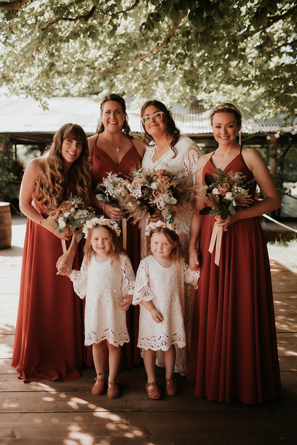 Orange Red Long Bridesmaids Dresses Kent Woodland Wedding Paul Fuller Photography