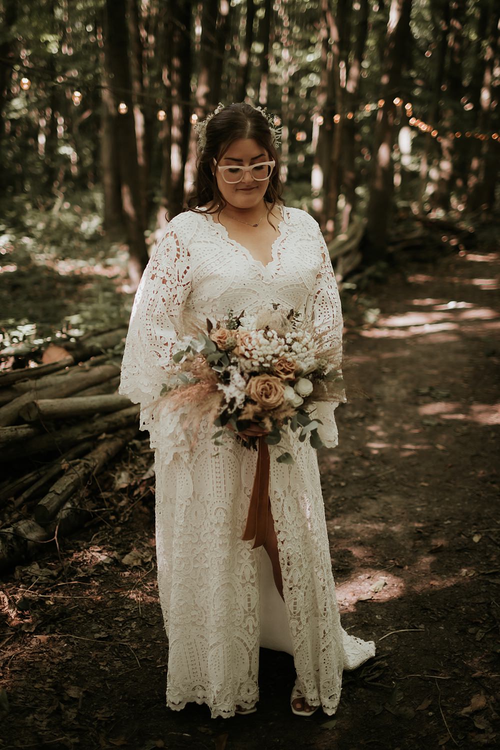Boho Lace Dress Long Sleeves Bride Bridal Glasses Kent Woodland Wedding Paul Fuller Photography