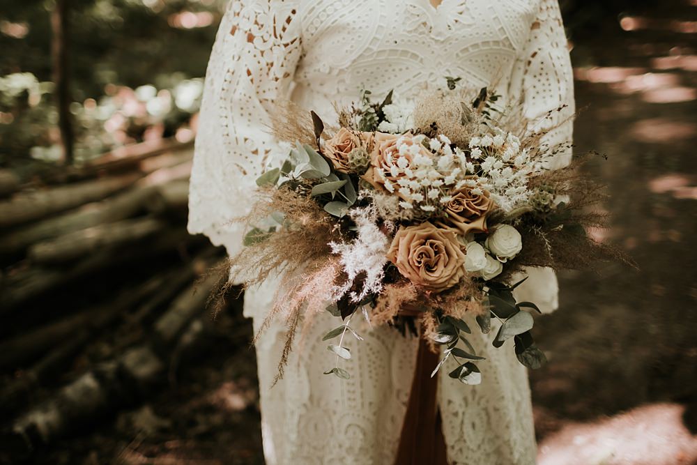 Bouquet Flowers Bride Bridal Dusky Pink Rose Grass Kent Woodland Wedding Paul Fuller Photography