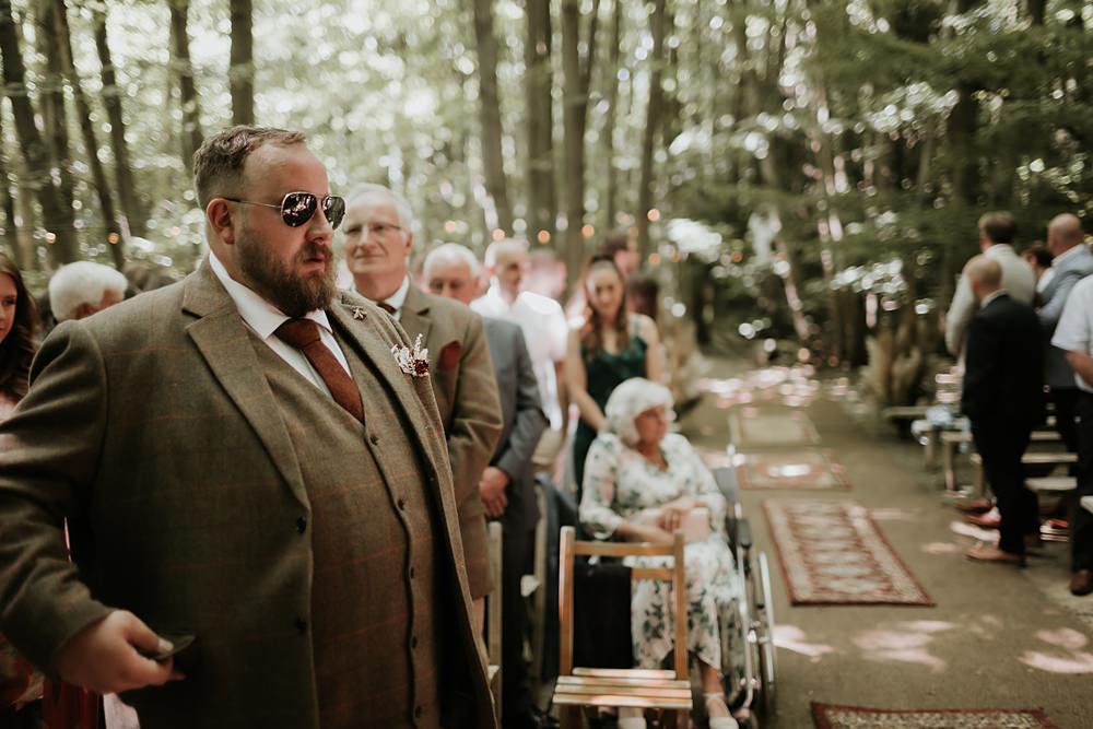 Groom Tweed Suit Brown Red Tie Kent Woodland Wedding Paul Fuller Photography