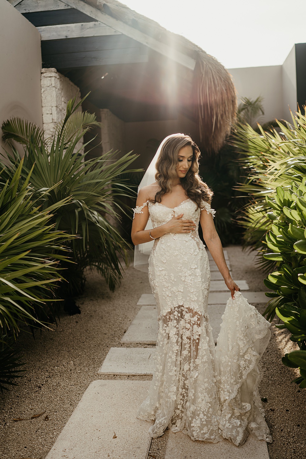 Dress Gown Bride Bridal Galia Lahav Maya 3D Flowers Train Nizuc Resort Wedding Kape Photography