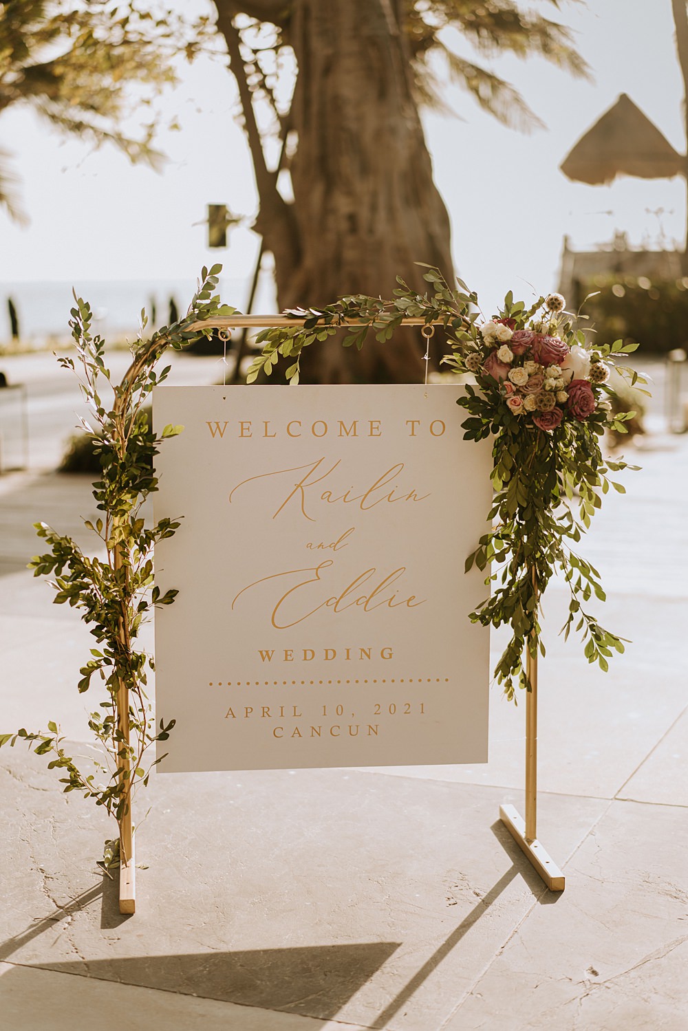 Sign Calligraphy Welcome Flowers Greenery Nizuc Resort Wedding Kape Photography