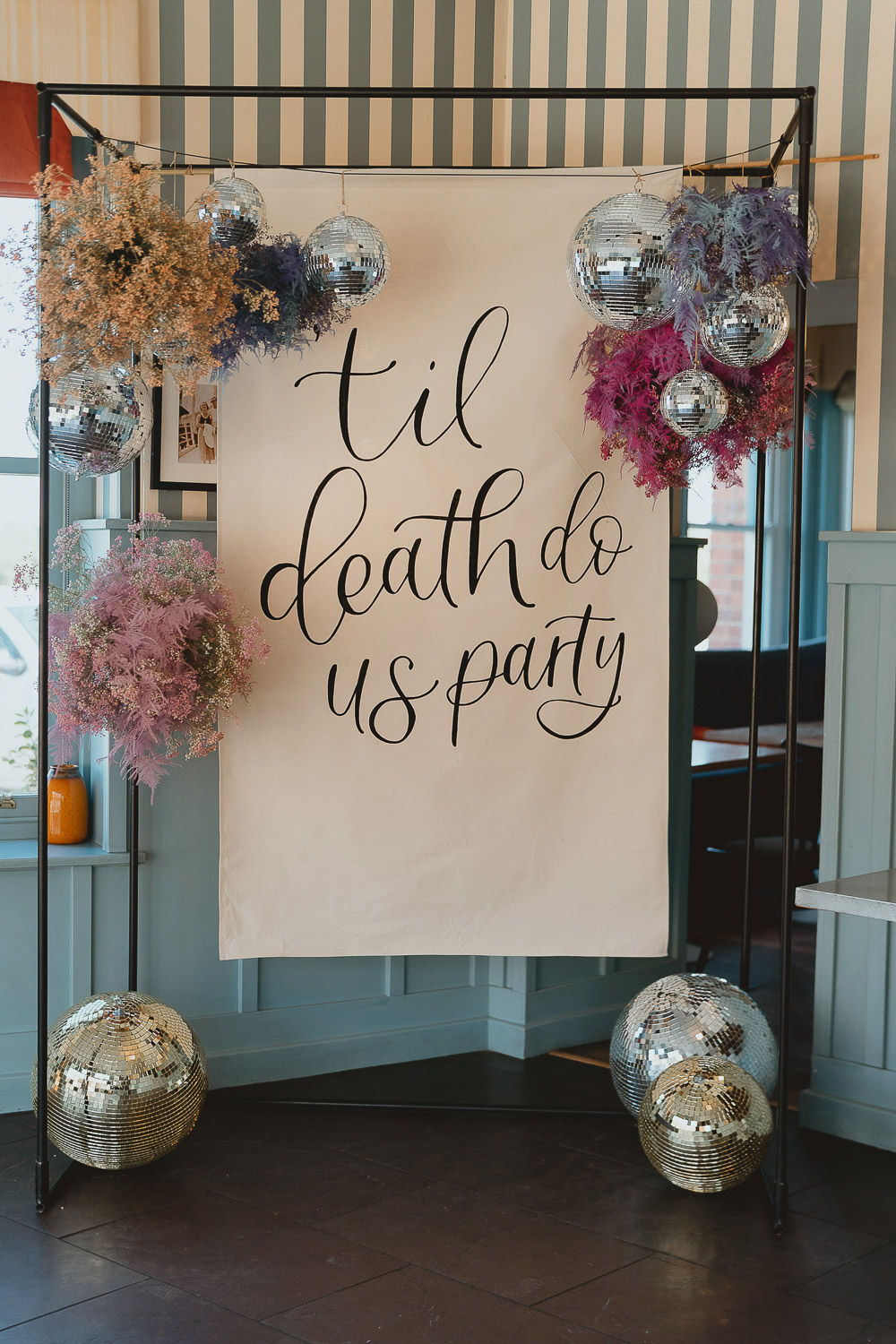 Banner Sign Flowers Disco Ball Norfolk Beach Wedding Georgia Rachael