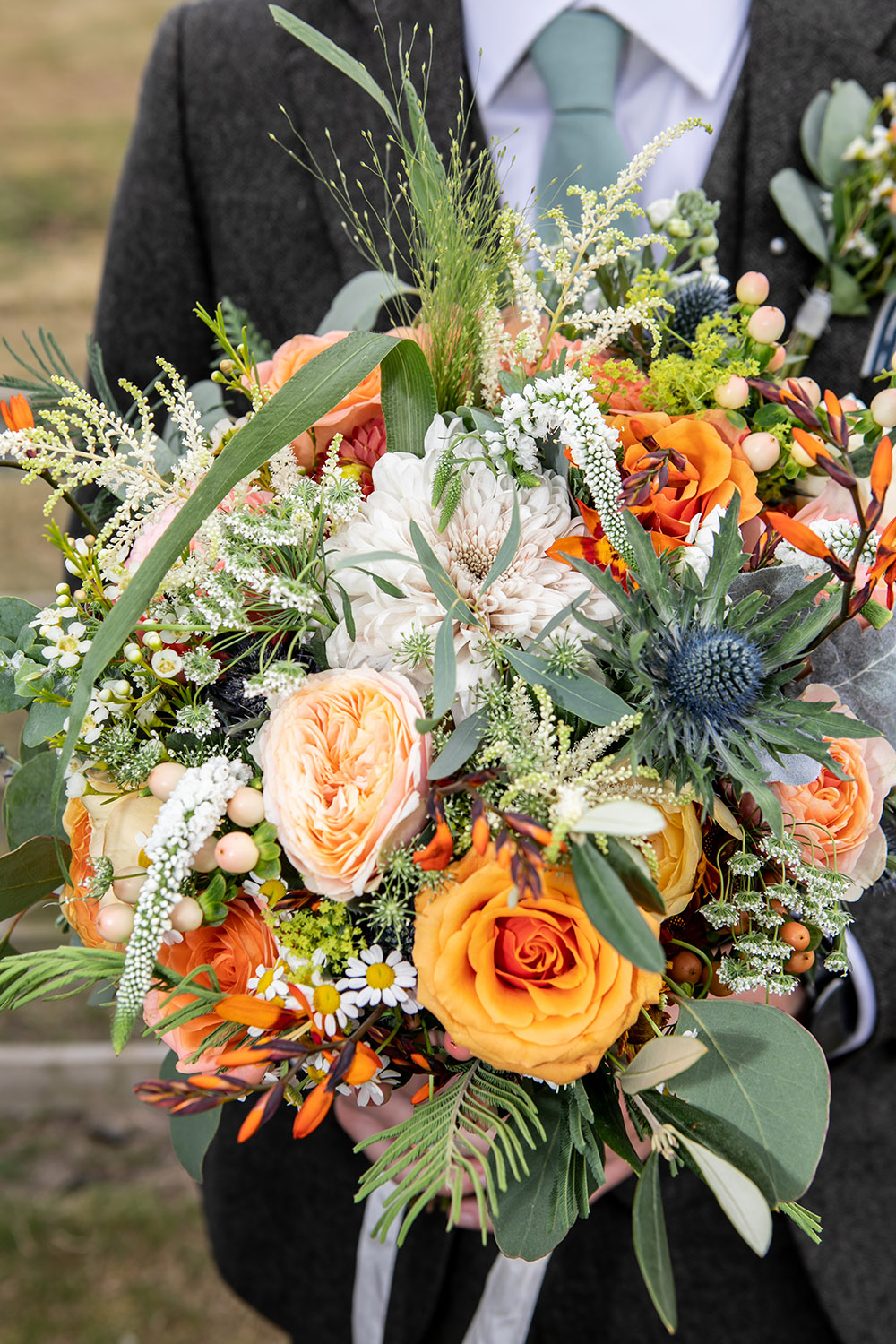 Bouquet Flowers Bride Bridal Orange Peach Rose Thistle Astilbe Northumberland Barn Wedding Erika Tanith Photography