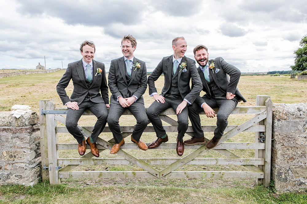 Groom Groomsmen Grey Tweed Suit Blue Ties Northumberland Barn Wedding Erika Tanith Photography