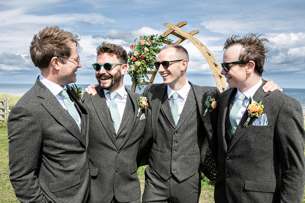 Groom Groomsmen Grey Tweed Suit Blue Ties Northumberland Barn Wedding Erika Tanith Photography