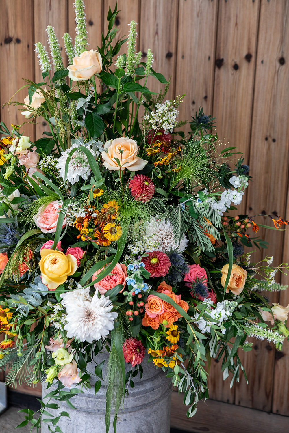 Flowers Orange Peach Rose Thistle Astilbe Northumberland Barn Wedding Erika Tanith Photography
