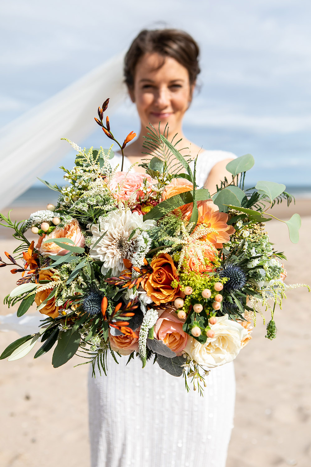 Bouquet Flowers Bride Bridal Orange Peach Rose Thistle Astilbe Northumberland Barn Wedding Erika Tanith Photography