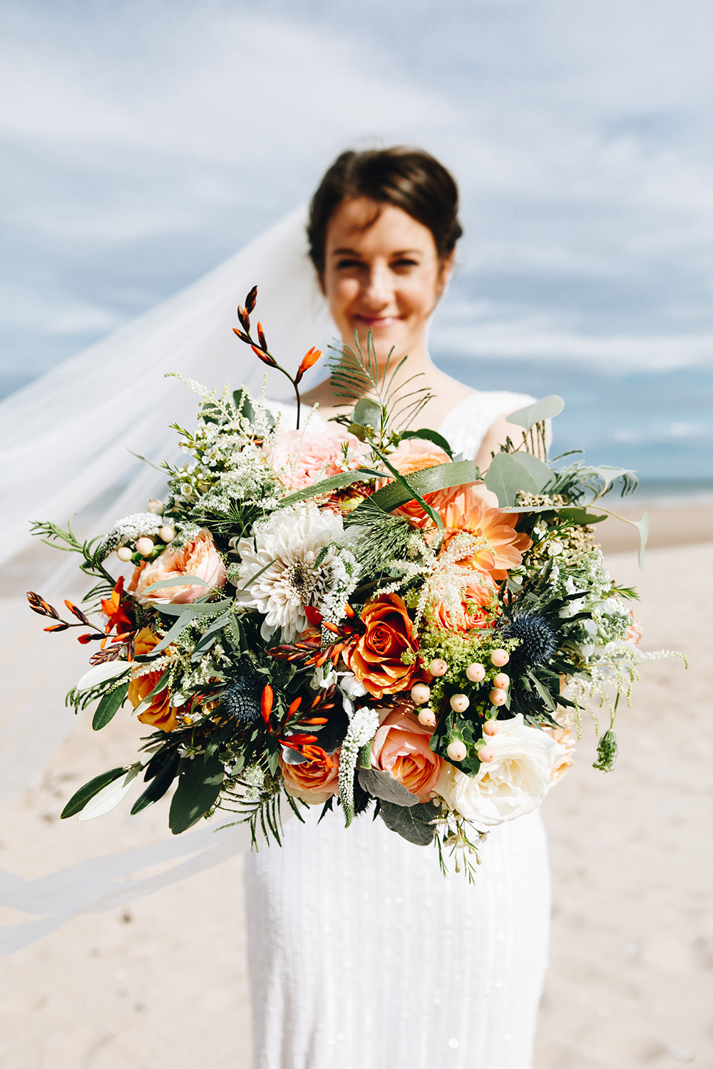 Bouquet Flowers Bride Bridal Orange Peach Rose Thistle Astilbe Northumberland Barn Wedding Erika Tanith Photography