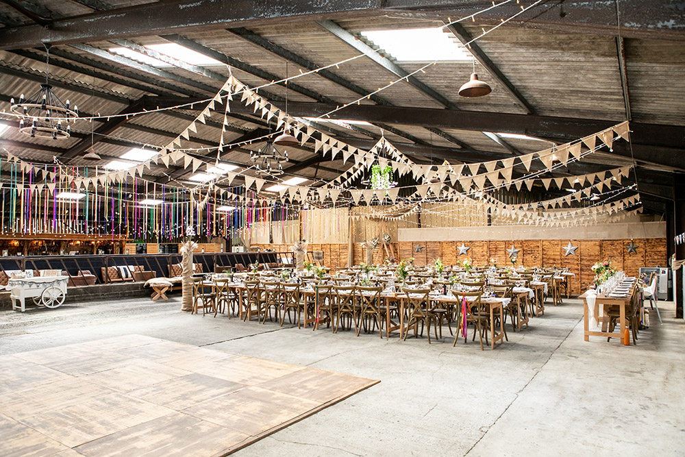 Barn Decor Bunting Rainbow Ribbons Northumberland Barn Wedding Erika Tanith Photography