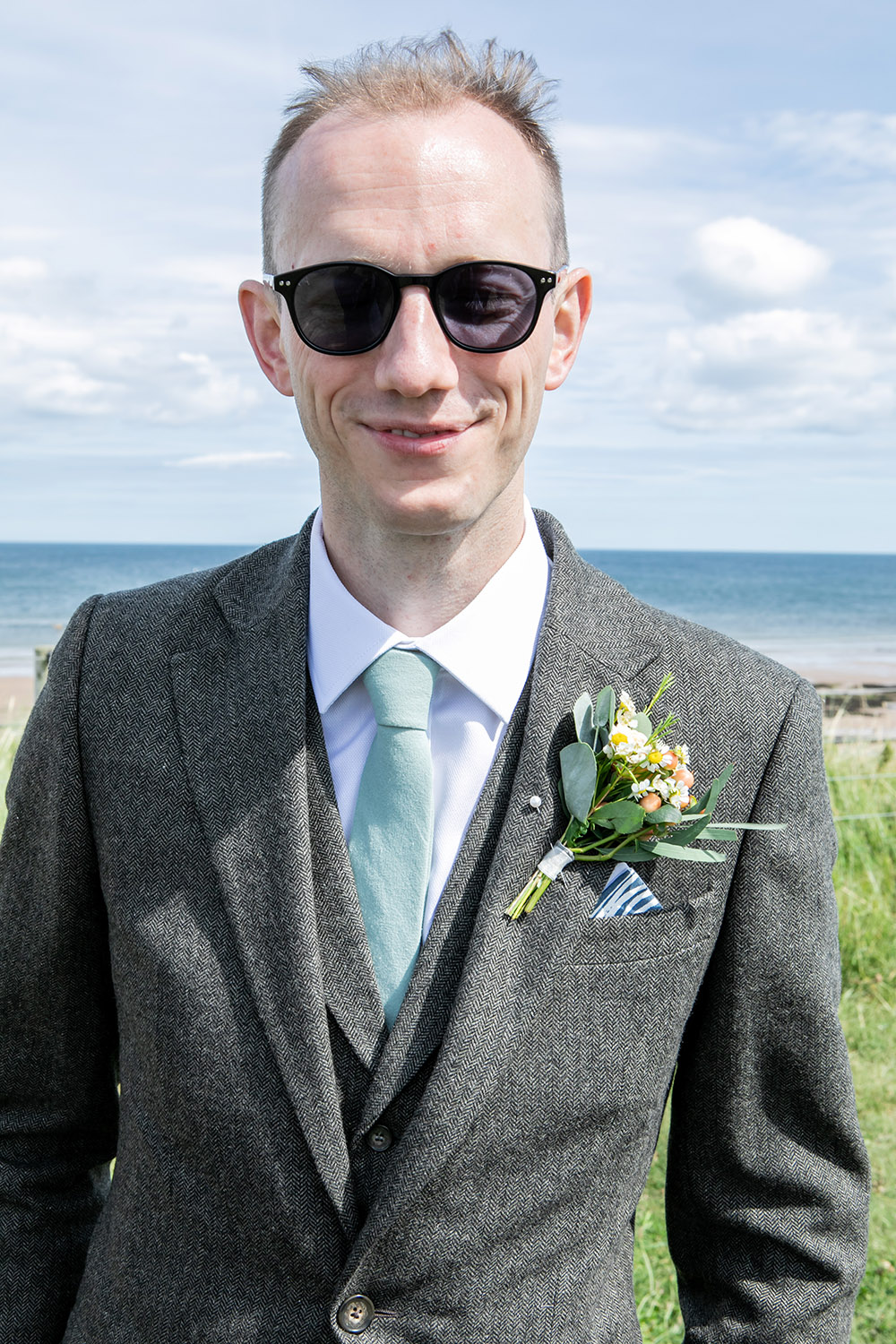Groom Groomsmen Grey Tweed Suit Blue Ties Northumberland Barn Wedding Erika Tanith Photography